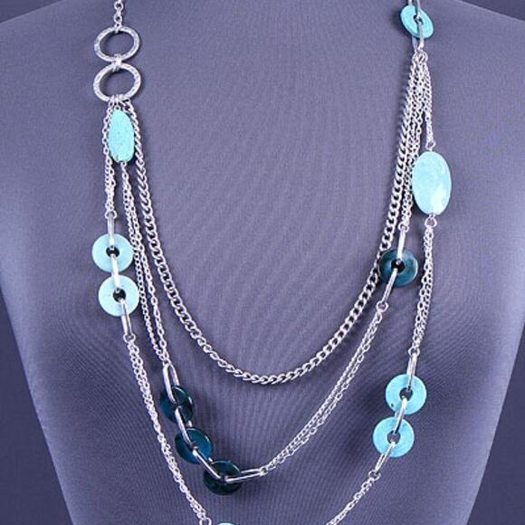 Silver Tone LayeredThree Strand Necklace With Turquoise Color Beads NWT - Picture 1 of 10